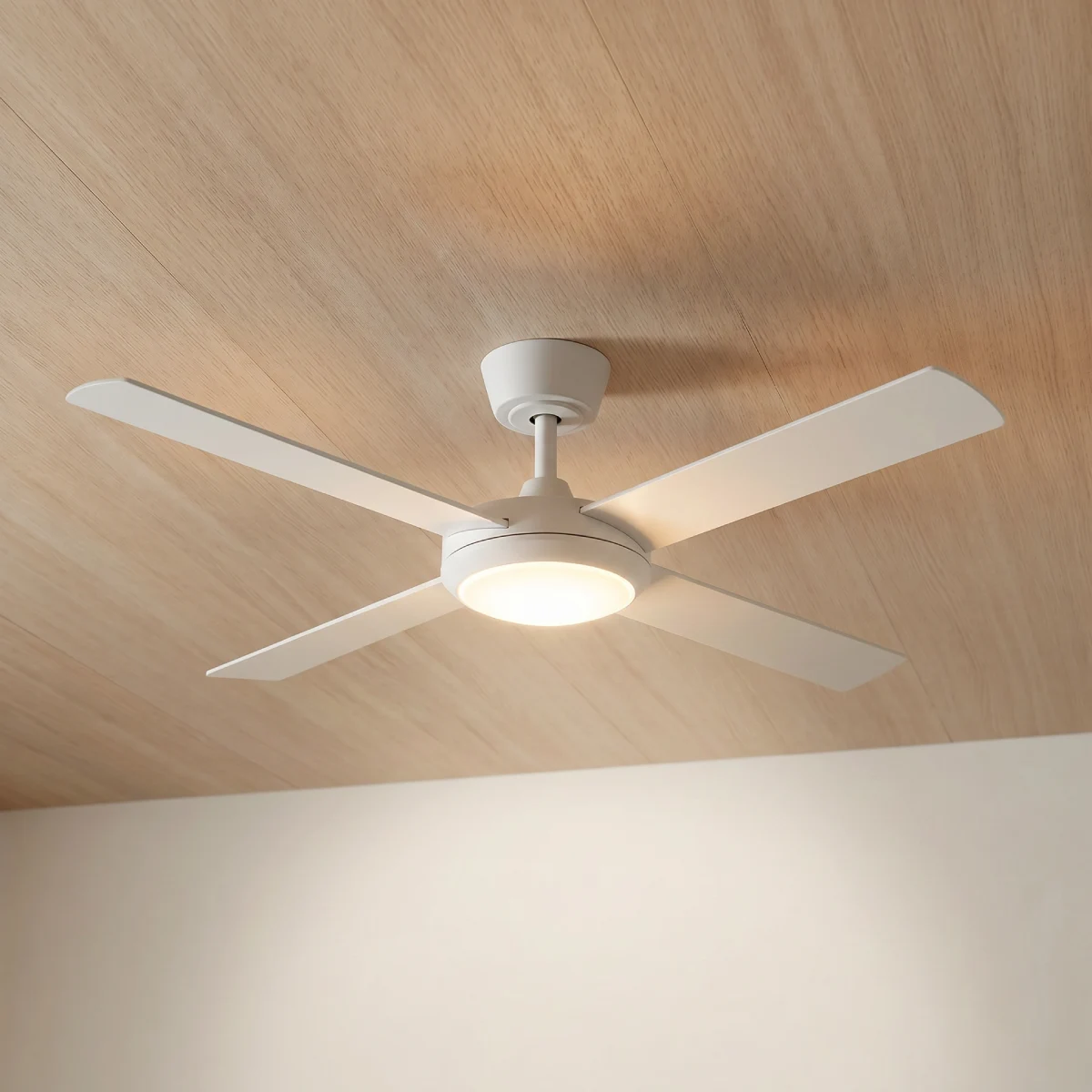 fanco-eco-silent-pro-48-inches-dc-ceiling-fan-white-with-lights-on-wooden-ceiling-angled-view-close-up-insitu.webp