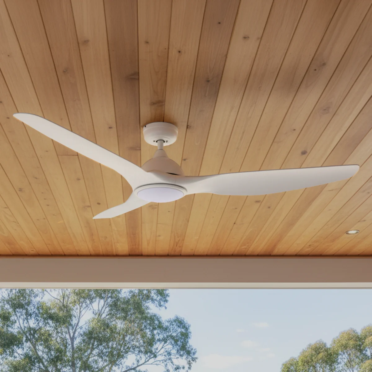 fanco-horizon-dc-64-inch-white-with-cct-led-light-installed-in-wood-paneled-ceiling.webp