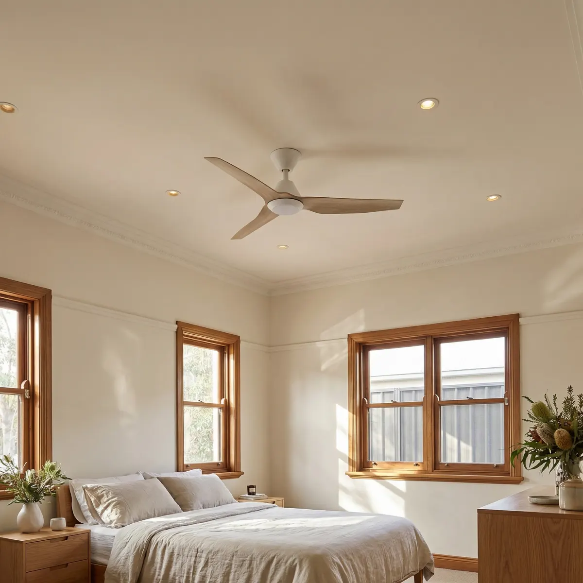 fanco-infinity-id-dc-48-inch-white-with-beechwood-blades-installed-in-modern-bedroom.webp