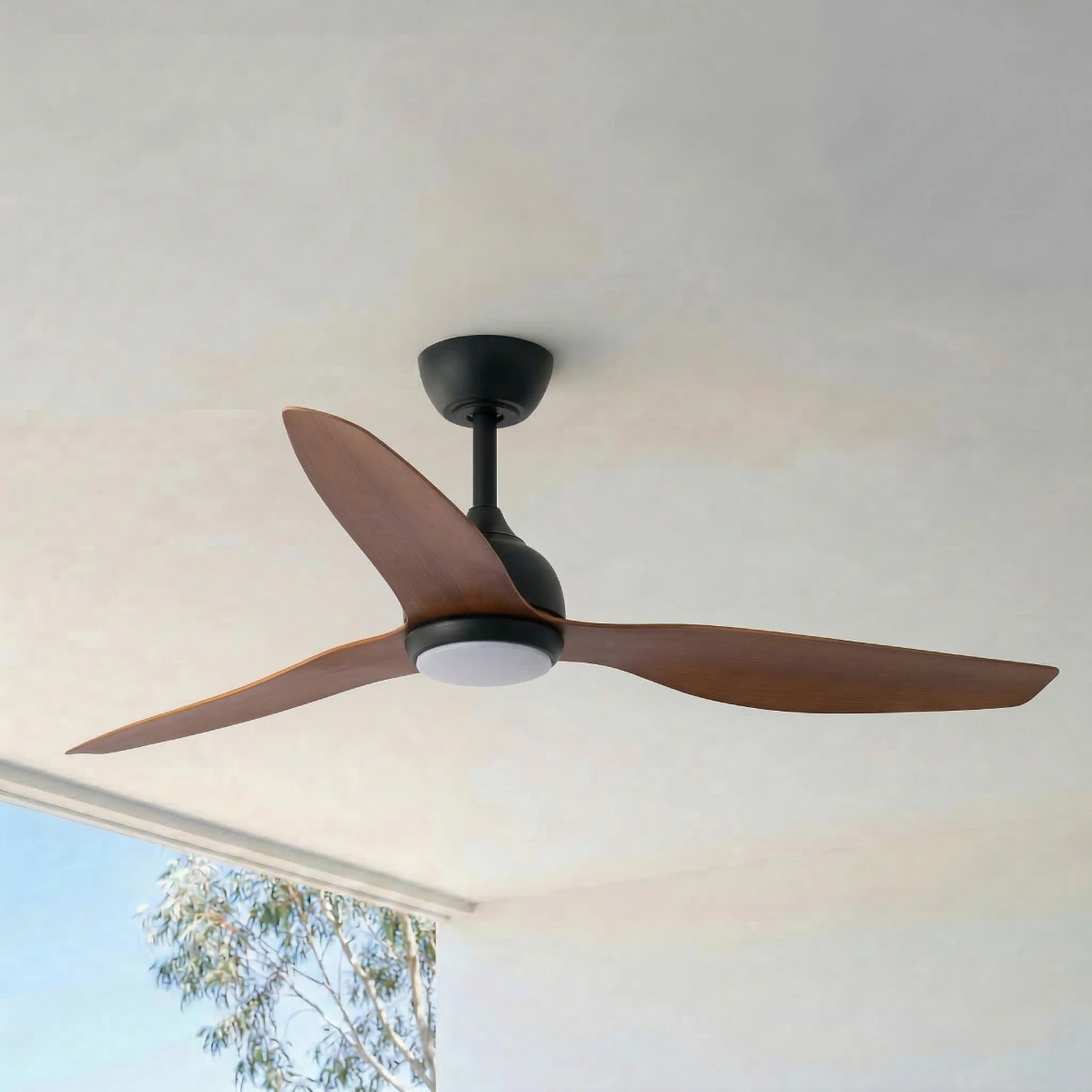 fanco-eco-style-dc-52-inches-black-koa-with-light-installed-in-outdoor-ceiling-close-up-insitu.webp
