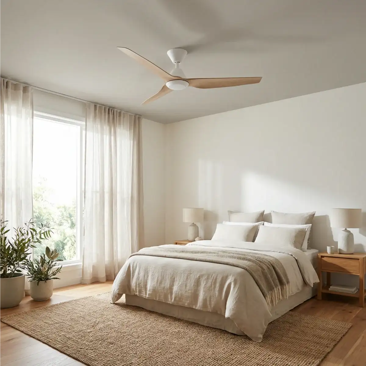 fanco-infinity-id-v3-dc-54-inch-white-with-beechwood-blades-with-light-installed-in-bedroom-with-outdoor-view.webp