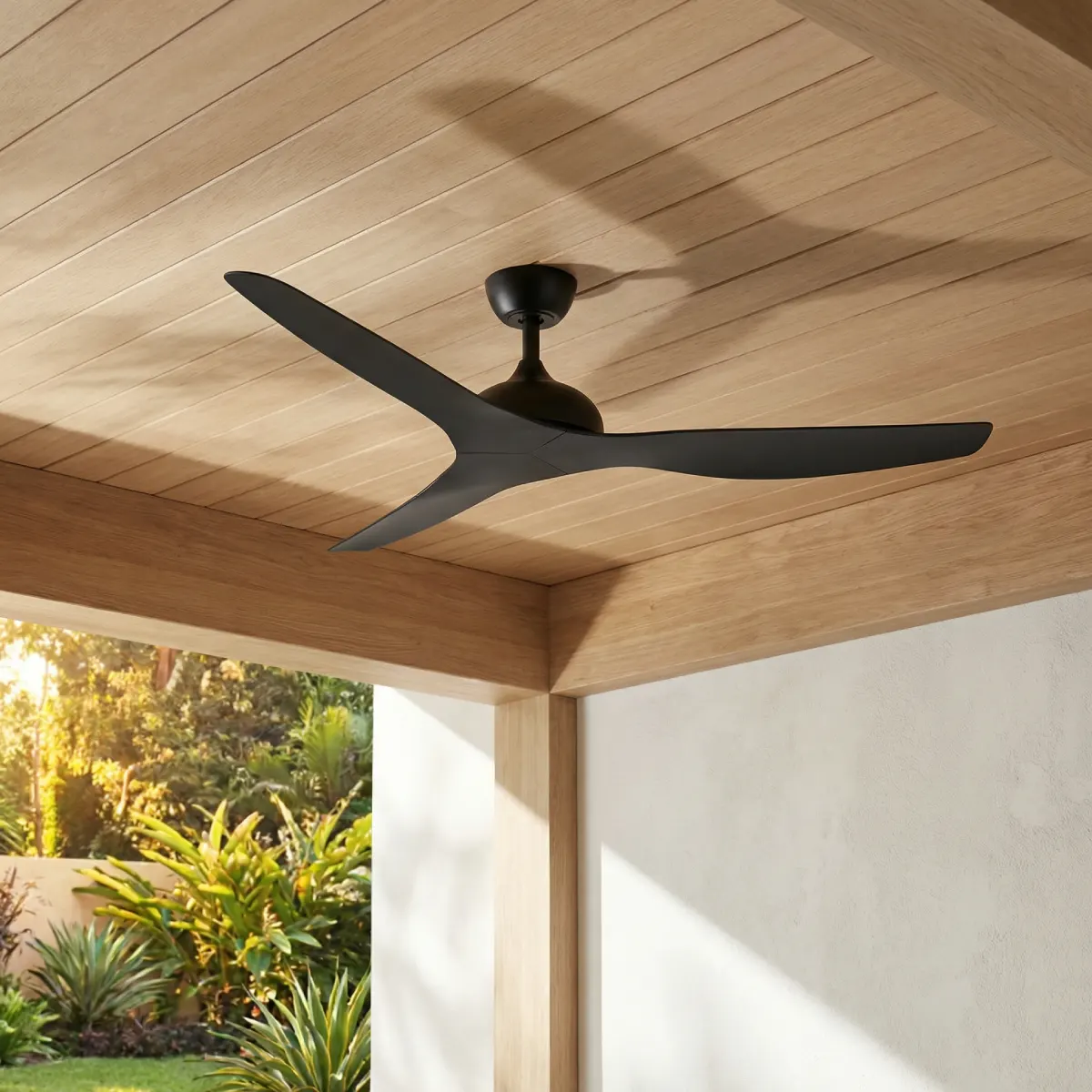 fanco-eco-style-dc-60-inches-black-no-light-outdoor-installed-in-wooden-ceiling-close-up-insitu.webp