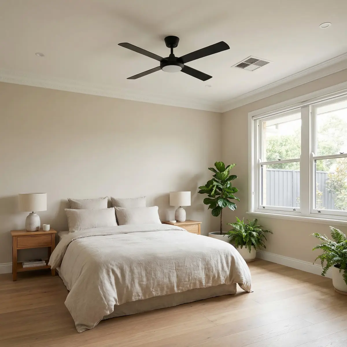 fanco-eco-silent-pro-52-inch-black-with-light-in-bedroom-insitu-angled-view.webp