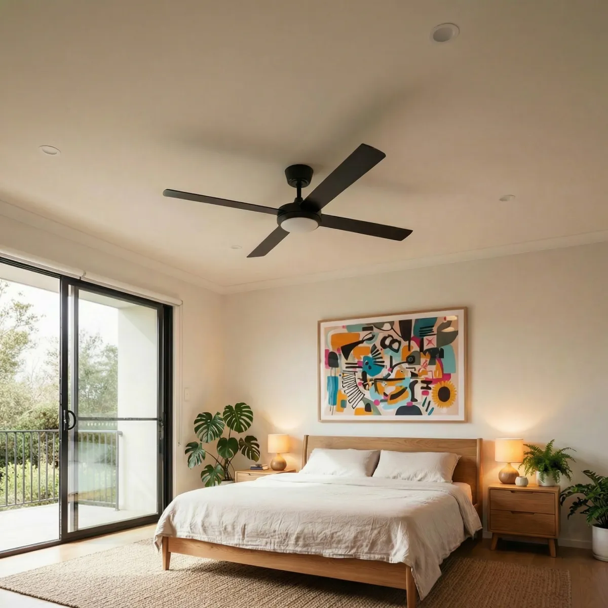 fanco-eco-silent-pro-56-inch-black-with-light-in-bedroom-insitu-angled-view.webp
