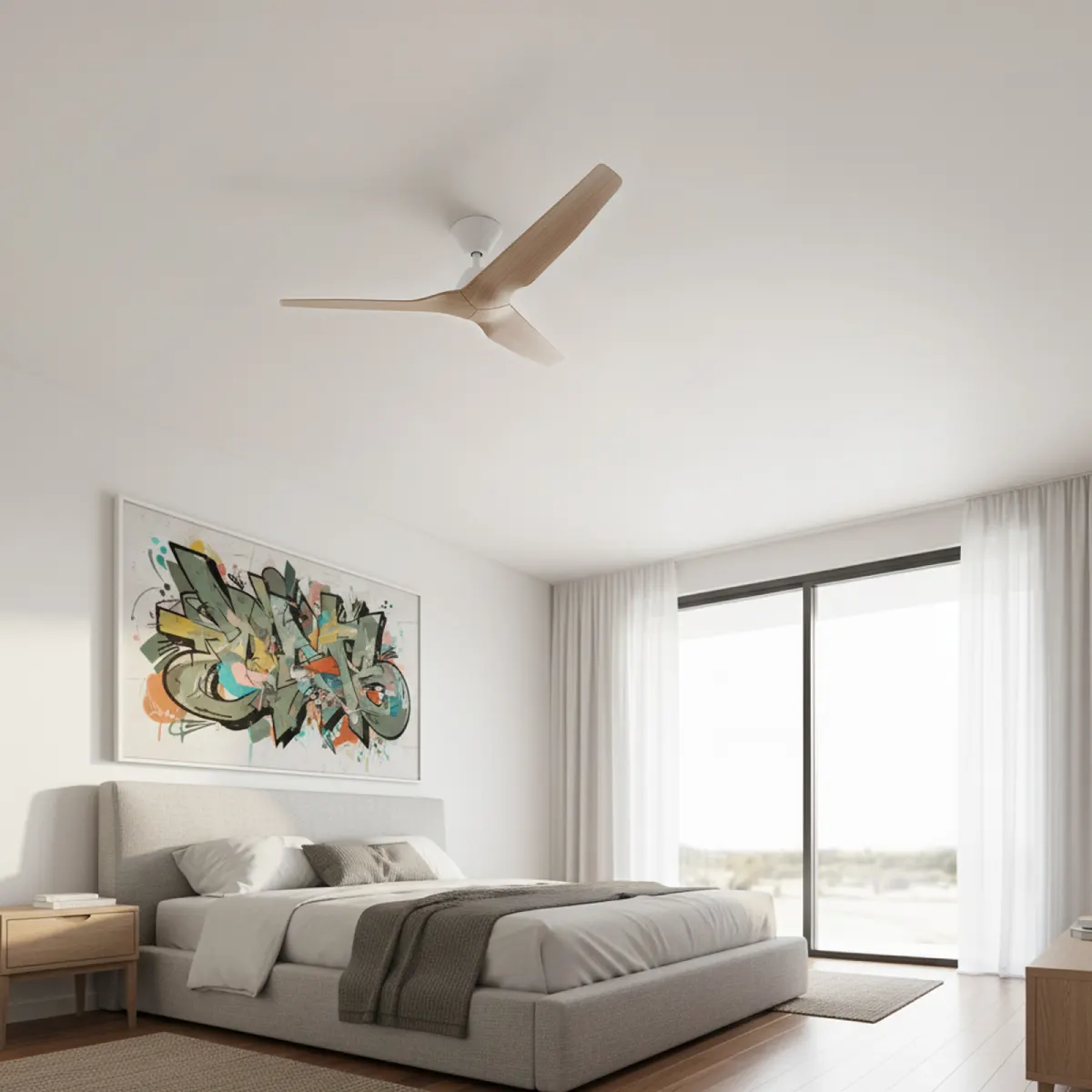 fanco-infinity-id-v3-dc-48-inch-white-with-beechwood-blades-no-light-installed-in-modern-bedroom.webp