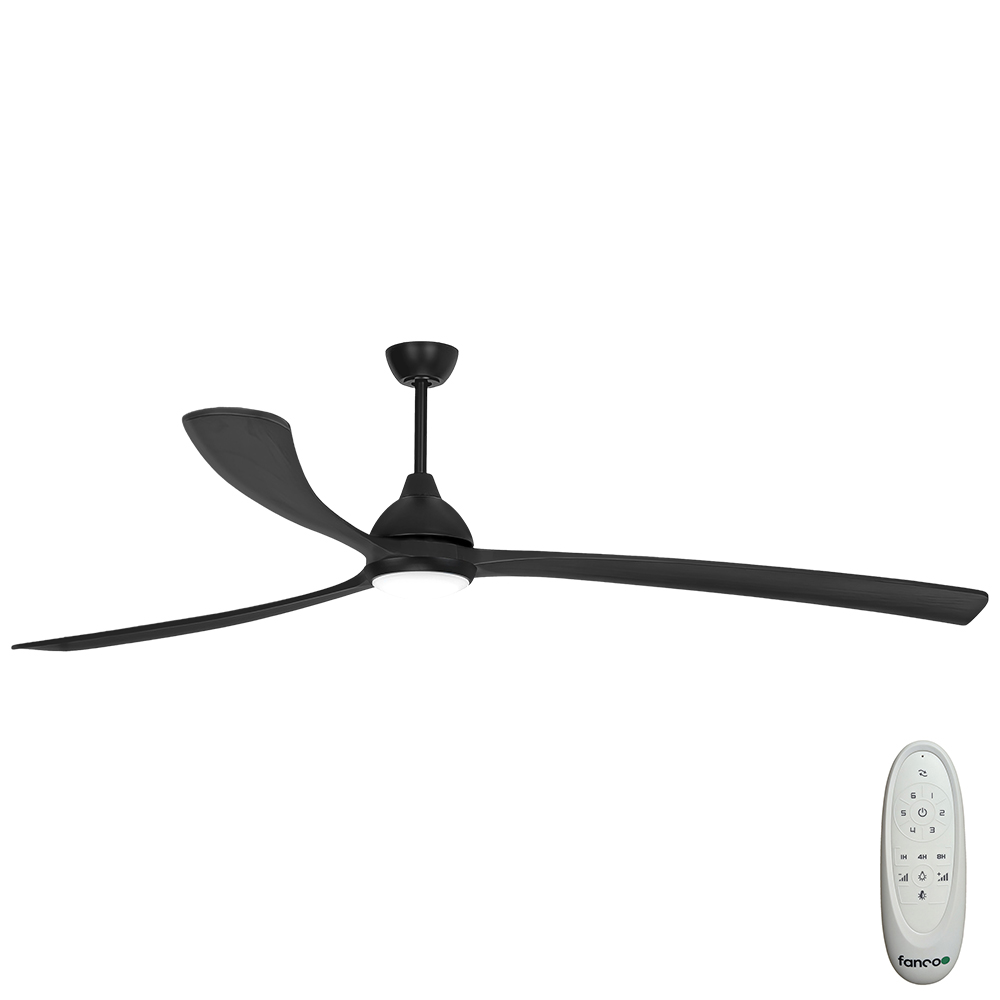 Sanctuary DC Ceiling Fan by Fanco with LED Light & Remote – Black with Solid Timber Blades 92″ (Black)