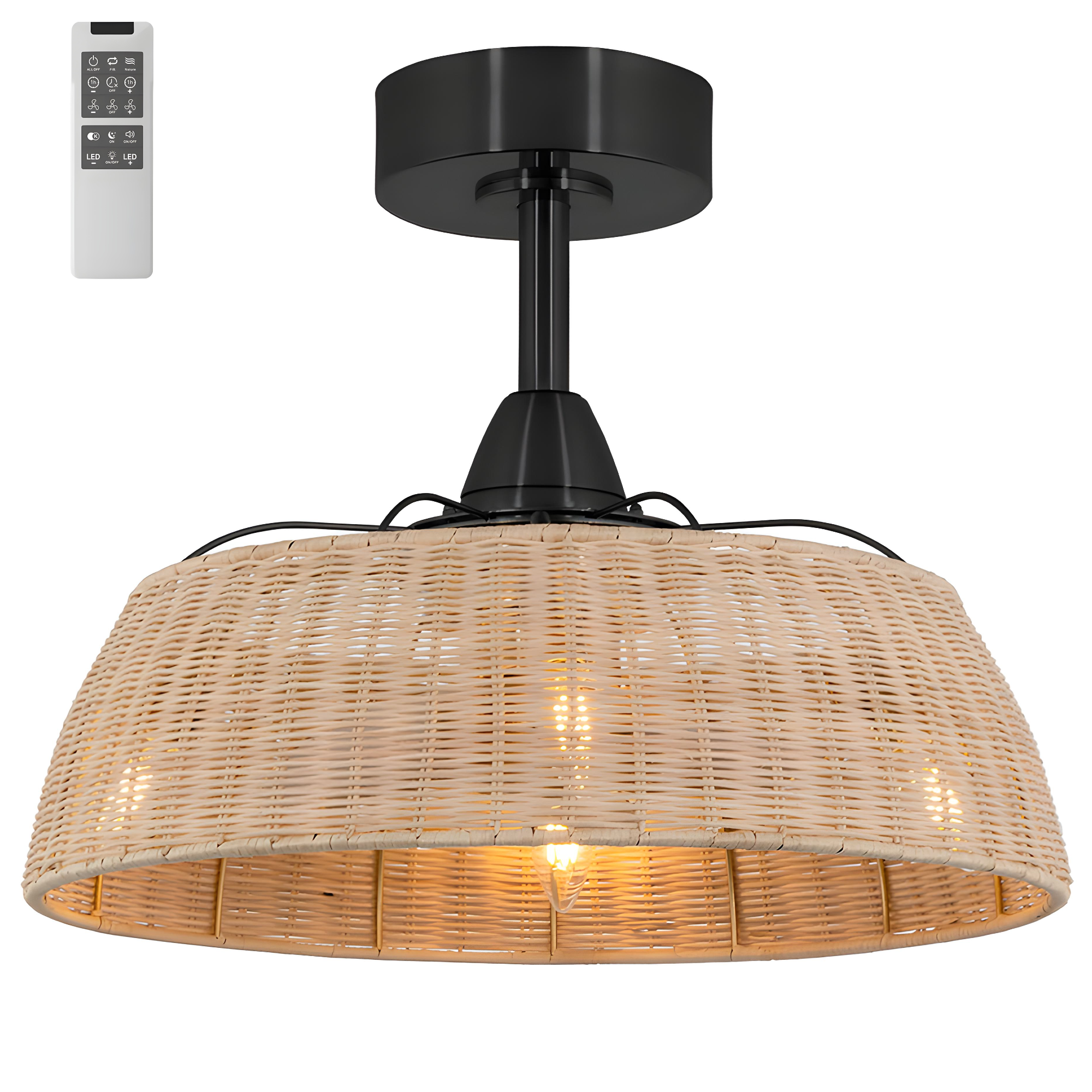 Vencha Harlow Woven Rattan Shade 14" DC Ceiling Fan with LED Light and Remote