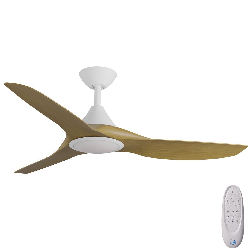 [W-CFADCF23LWH-TK] CloudFan SMART DC Ceiling Fan by Calibo with LED Light – White with Teak Timber Style ABS Blades 52″