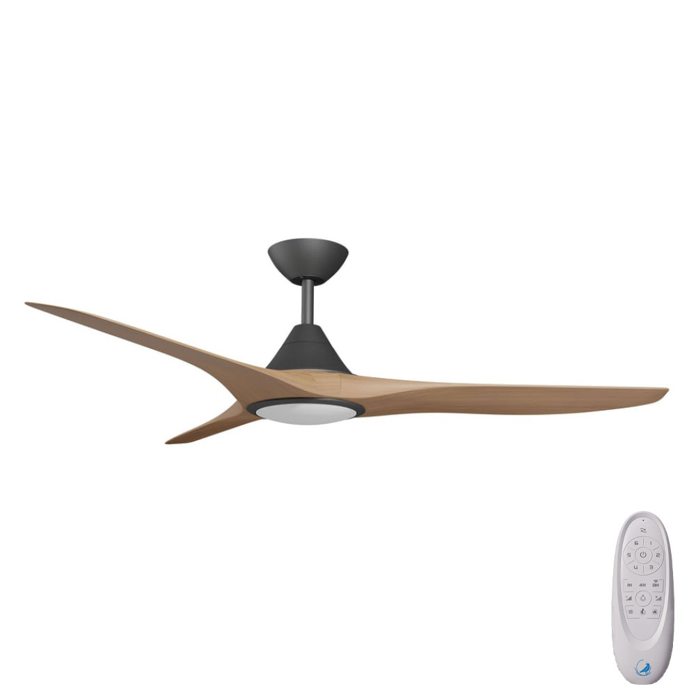 CloudFan SMART DC Ceiling Fan by Calibo with LED Light – Black with Teak Timber Style ABS Blades 48″