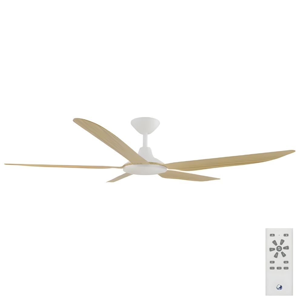 [W-CFADST4LWH-BA] Storm DC Ceiling Fan by Calibo with LED Light – White with Bamboo Timber Style ABS Blades 56″