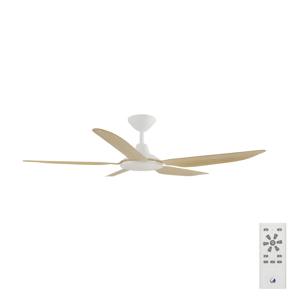 [W-CFADST3LWH-BA] Storm DC Ceiling Fan by Calibo with LED Light – White with Bamboo Timber Style ABS Blades 52″