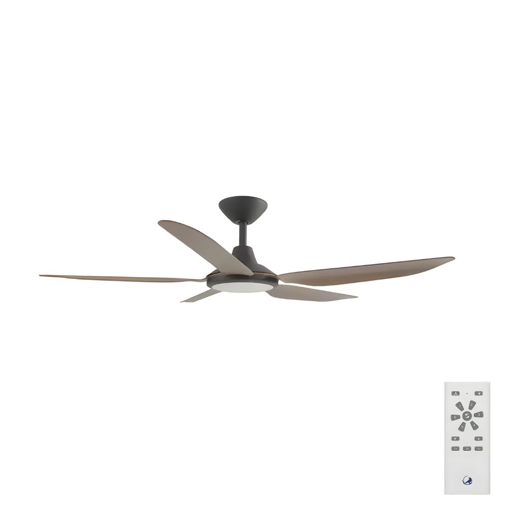 [W-CFADST3LBL-KO] Storm DC Ceiling Fan by Calibo with LED Light – Black with Koa Timber Style ABS Blades 52″