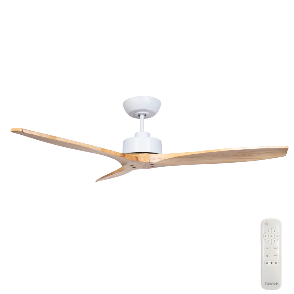 [CFFCWY34WHN] Wynd DC Ceiling Fan by Fanco – White and Handcrafted Natural Timber Blades 54″