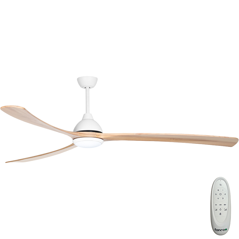[W-CFFCSALWH-B5NA] Sanctuary DC Ceiling Fan by Fanco with LED Light & Remote – White with Natural Timber Blades 86″