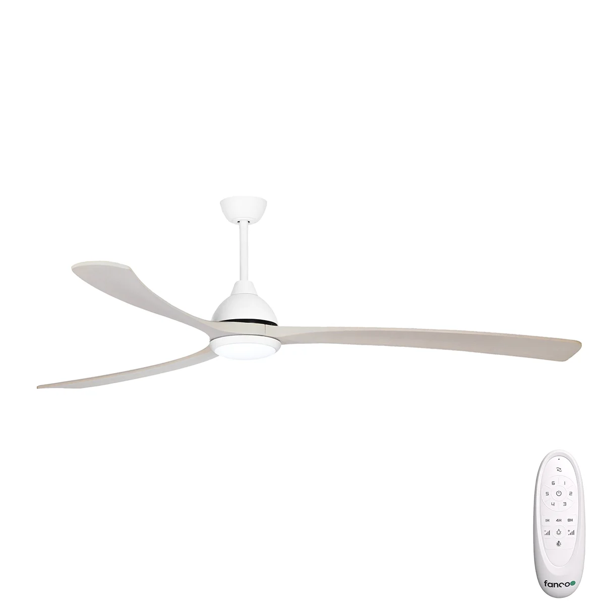 Sanctuary DC Ceiling Fan by Fanco with LED Light & Remote – White with Solid Timber Blades 86″
