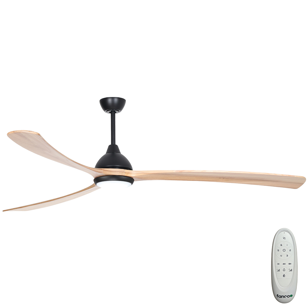 [W-CFFCSALMB-B5NA] Sanctuary DC Ceiling Fan by Fanco with LED Light & Remote – Black with Natural Timber Blades 86″