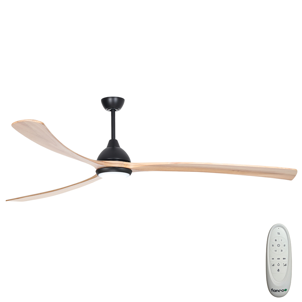 [W-CFFCSALMB-B6NA] Sanctuary DC Ceiling Fan by Fanco with LED Light & Remote – Black with Natural Timber Blades 92″