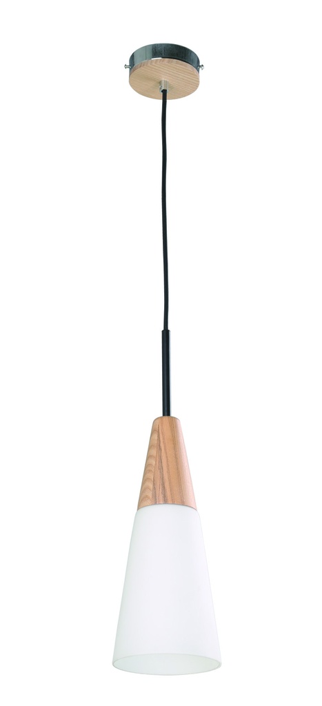 Pendant Light ES Opal Glass Long Cone with wood highlights OD130mm