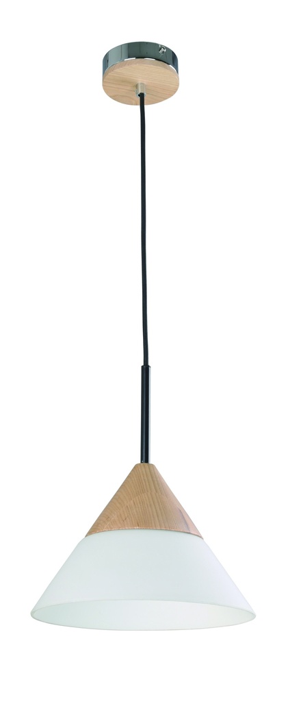 Pendant Light ES Opal Glass Small Cone with wood highlights OD265mm