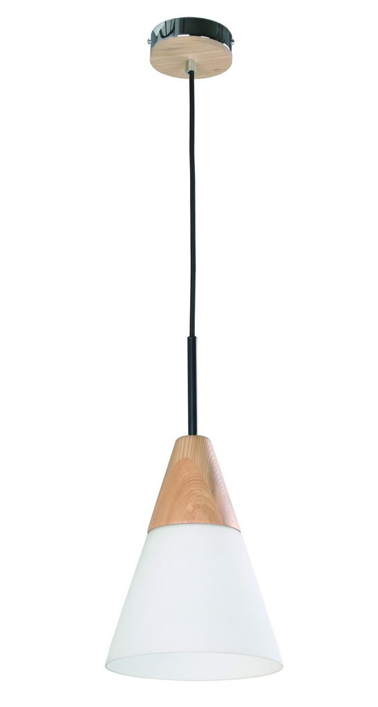 Pendant Light ES Opal Glass Medium Cone with wood highlights OD195mm