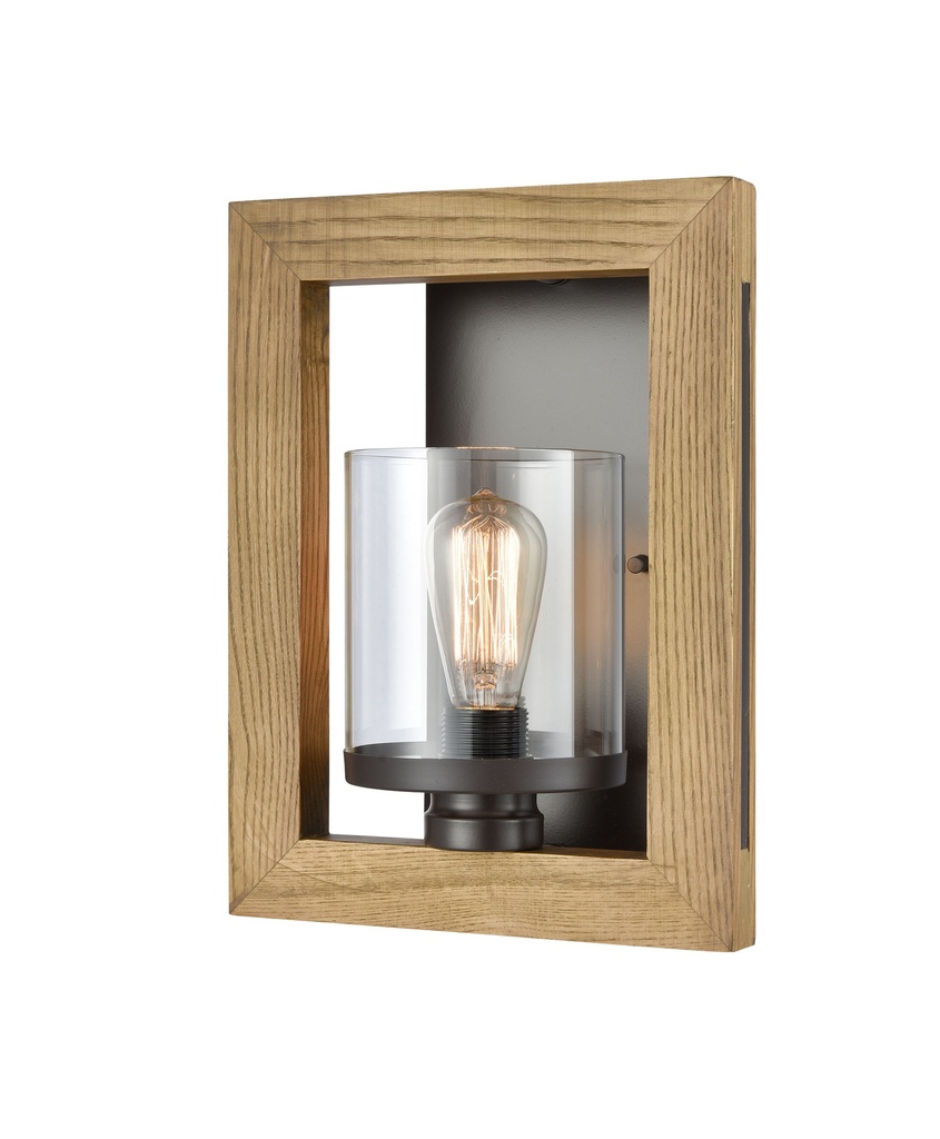 Wall Light Interior Surface Mounted ES Rectangular Frame Chestnut Wood Clear Glass Shade