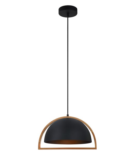 Pendant Light ES Matte Black and White Dome with Wood Frame OD370mm