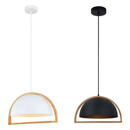 Pendant Light ES Matte Black and White Dome with Wood Frame OD370mm